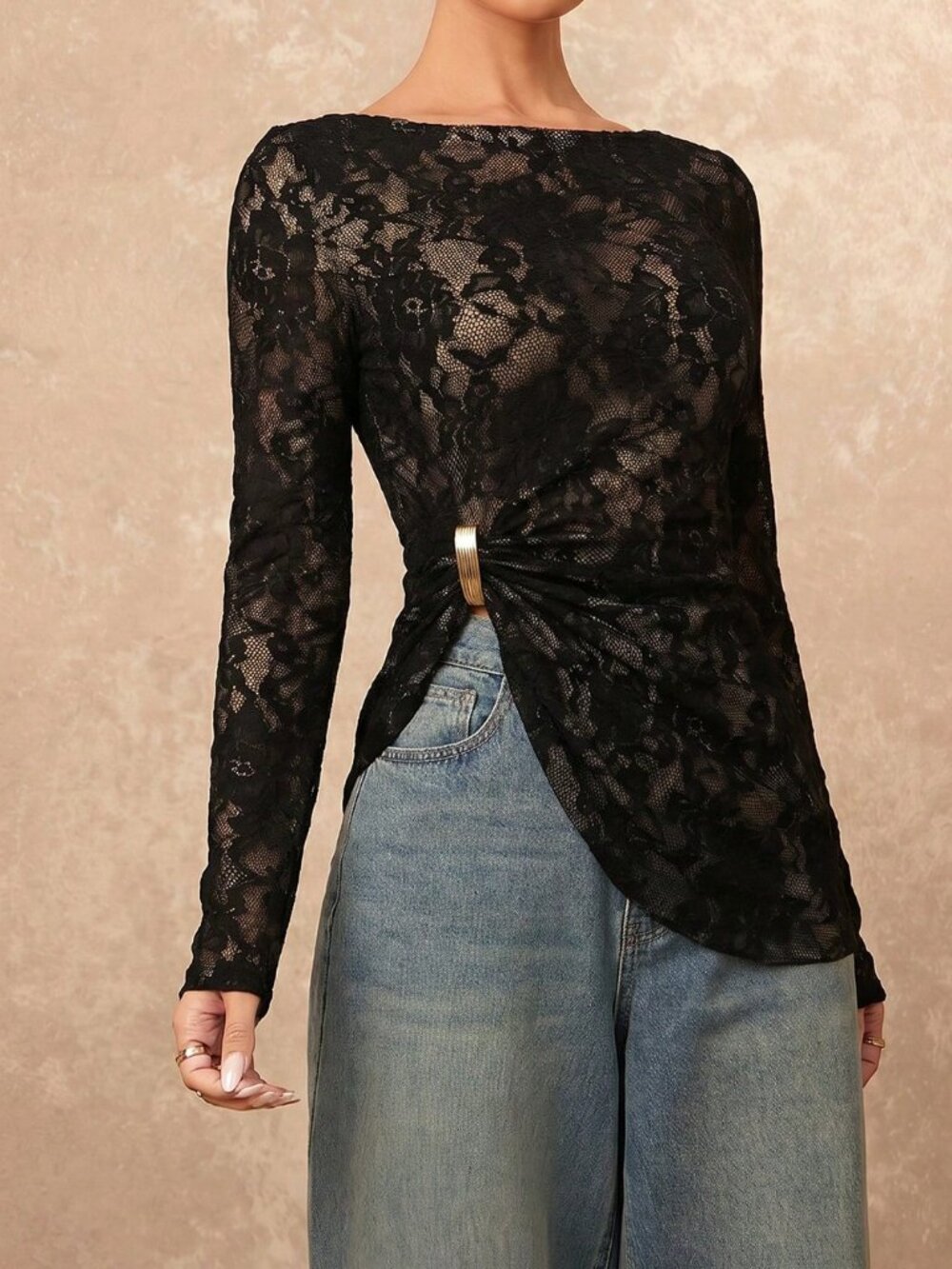 Black Casual Women's Boat Neck Long Floral Lace Top